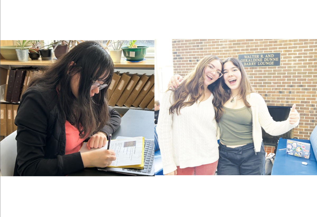 Left: During Block 3, Orla Judelena ‘25 does her homework at the table behind the library book shelves. Right: Lauren Mohan ‘25 and Anna Tao ‘25 chat with each other in the Junior Lounge during lunch.